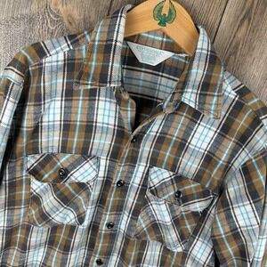 Vintage 80s Clydesdale Reidbord Bros Brown Blue Plaid Flannel Shirt Made in USA